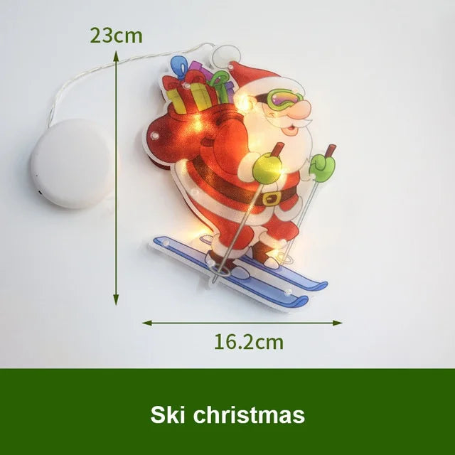 LED Santa Claus window decoration light featuring a reindeer character and skis.