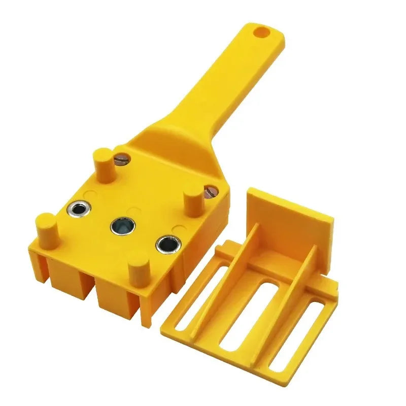 Yellow adjustable woodworking dowel drilling guide tool