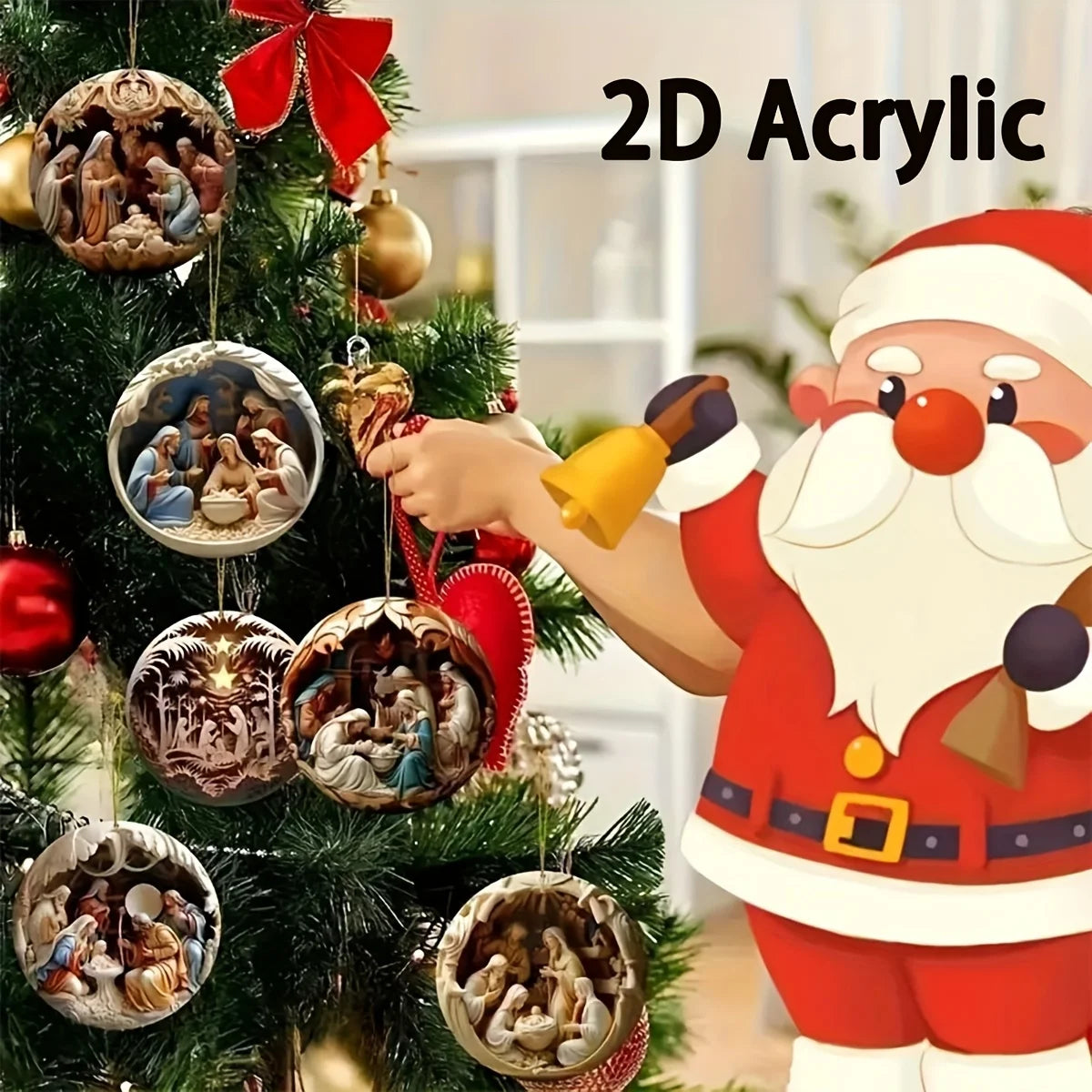 Joulupukki pitää käsin maalatuilla seimikoristeilla koristeltua joulukuusta.