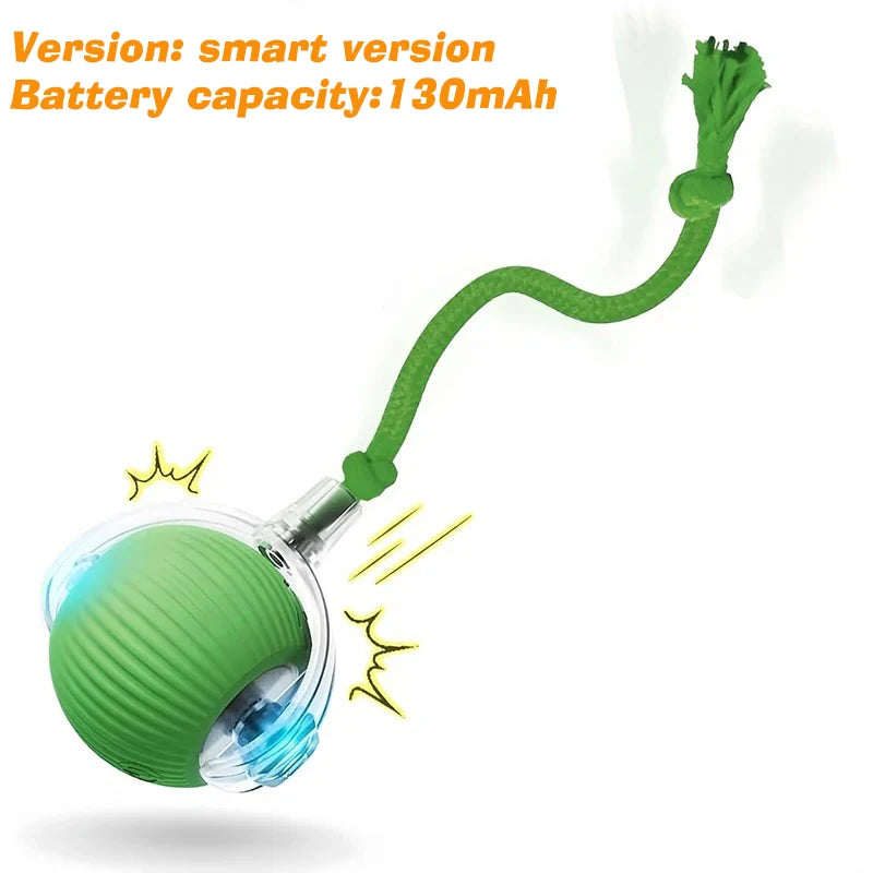 Bola verde interactiva para gatos con cúpula transparente y cordón flexible.