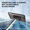 A telescopic glass brush is shown cleaning a car windshield, demonstrating its demisting and cleaning functions.