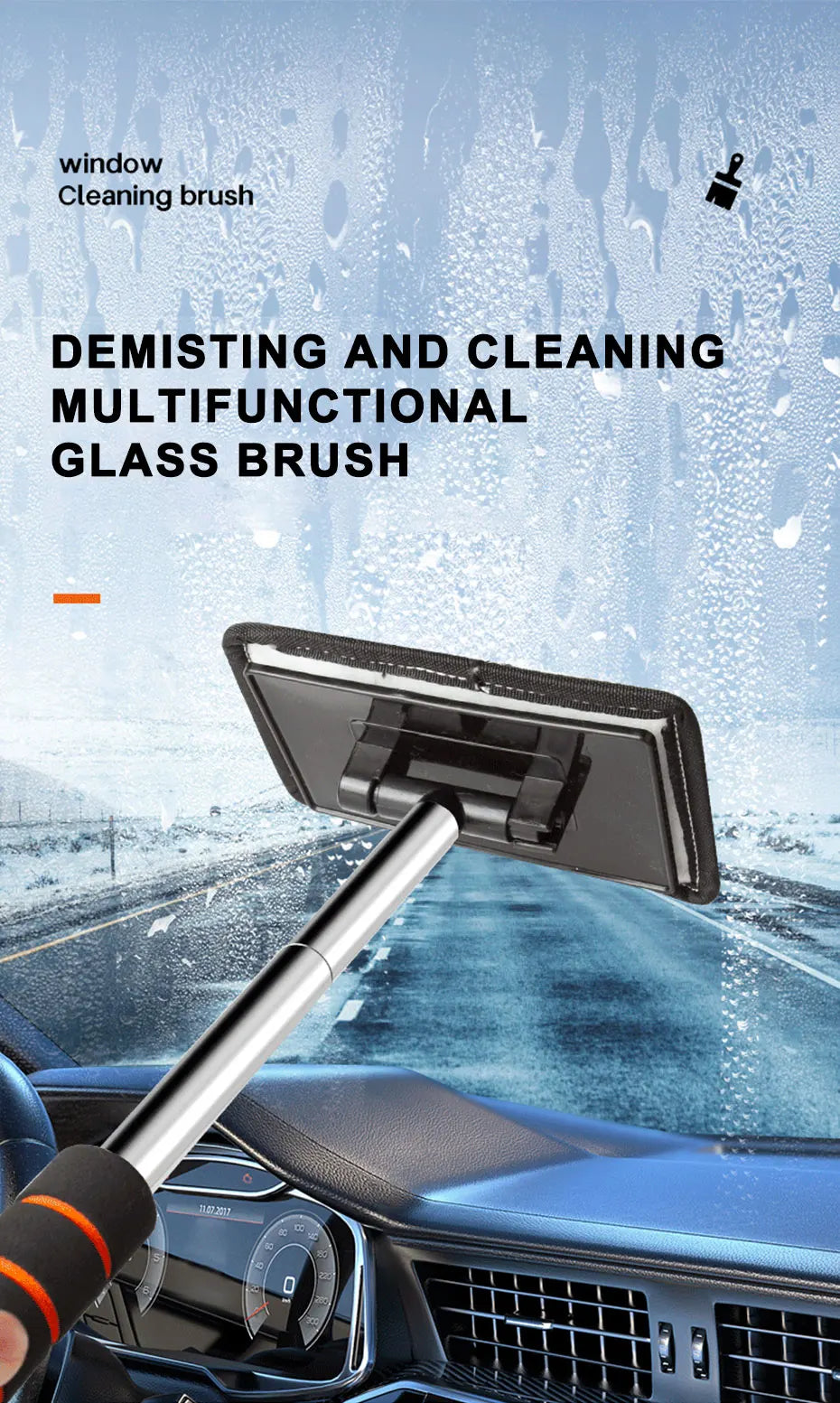 A telescopic glass brush is shown cleaning a car windshield, demonstrating its demisting and cleaning functions.