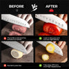 Before and after comparison showing a knife dulling a tomato versus sharpening it to reveal its beauty.