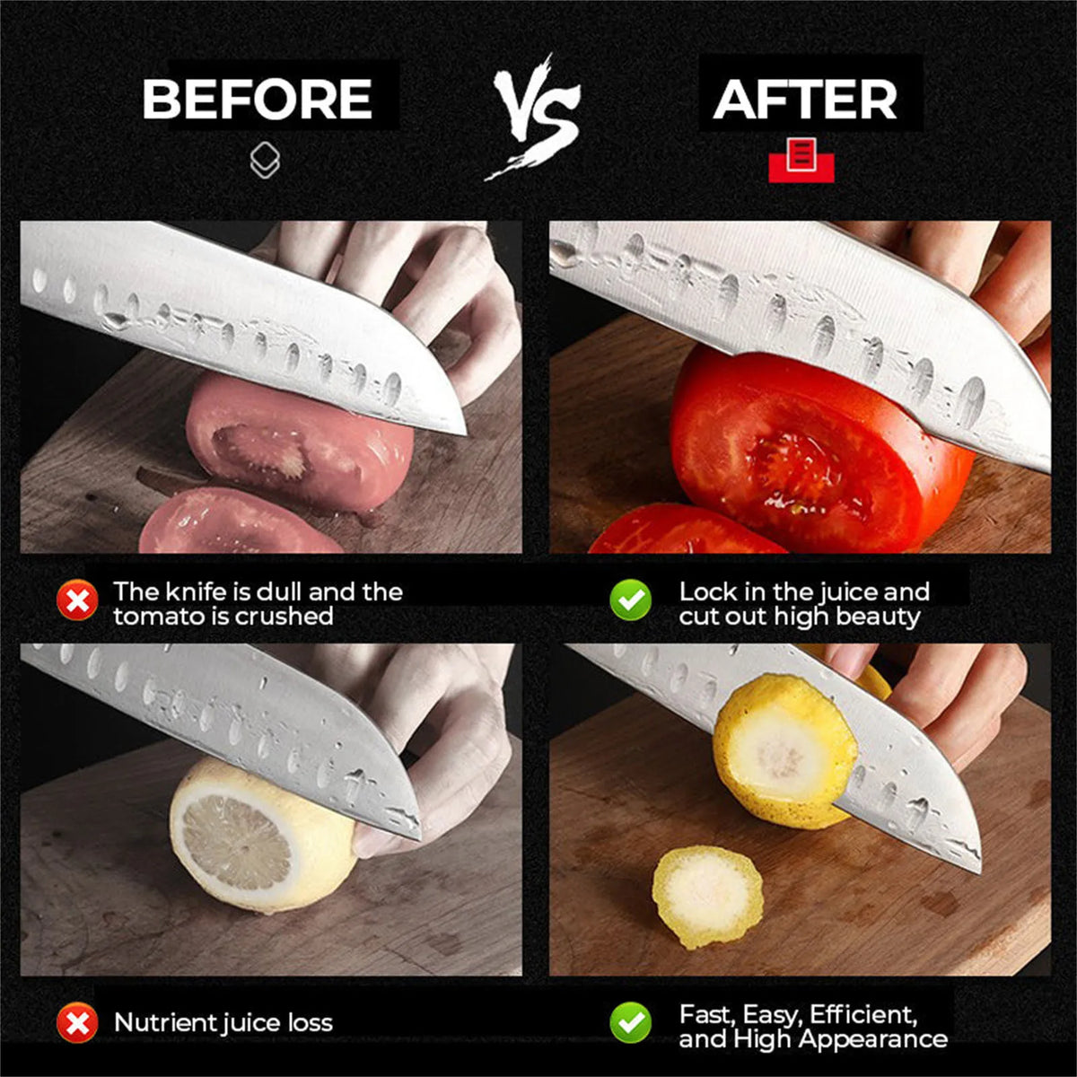 Before and after comparison showing a knife dulling a tomato versus sharpening it to reveal its beauty.