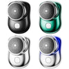 Four views of a portable IPX7 waterproof electric shaver with USB fast charging in various metallic and green finishes.