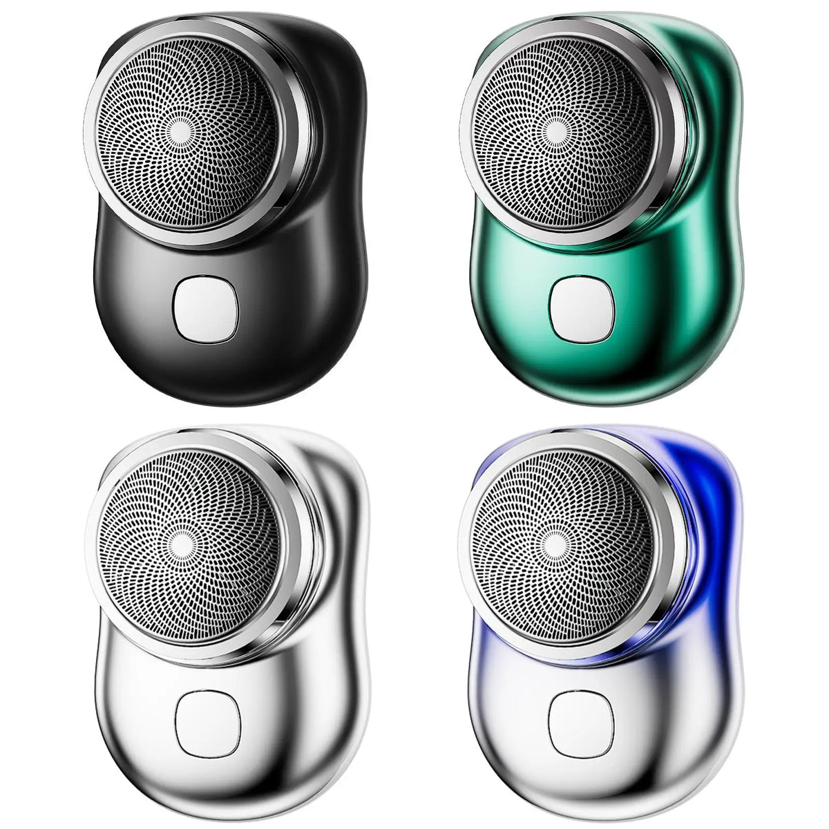 Four views of a portable IPX7 waterproof electric shaver with USB fast charging in various metallic and green finishes.