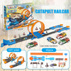 A box and components for a catapult railcar DIY stunt car racing track set featuring various colored cars and launchers.