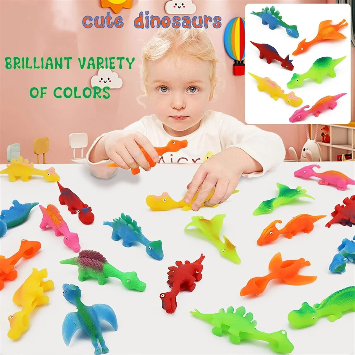 A set of colorful dinosaur finger catapult toys for kids displayed on a white surface.