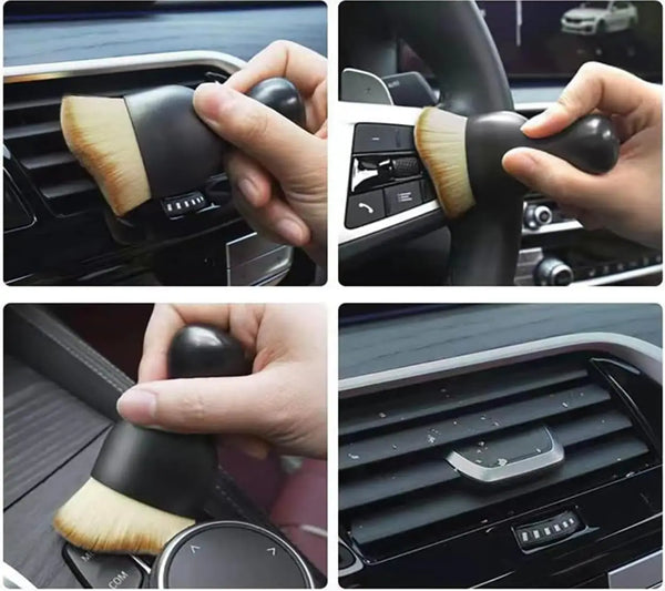 Hands demonstrate a versatile soft-bristle cleaning brush being used to clean car interiors and electronics.
