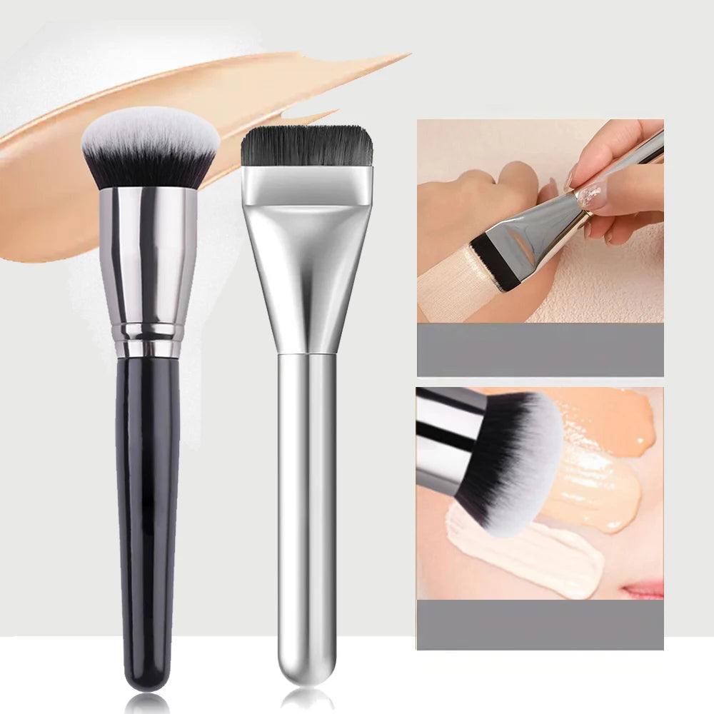 A set of professional makeup brushes including a foundation, concealer, and blush brush shown with close-up details.