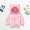 A pink kids' hooded puffer jacket with a zipper closure featuring cute animal embroidery.