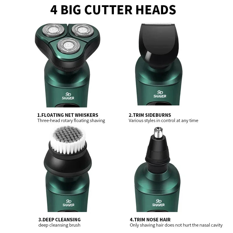 A set of four big cutter heads for a 9D shaver including floating net whisker, trim sideburns, deep cleansing brush, and trim