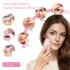 A woman is using a pink facial trimmer head on her cheek and lip area.