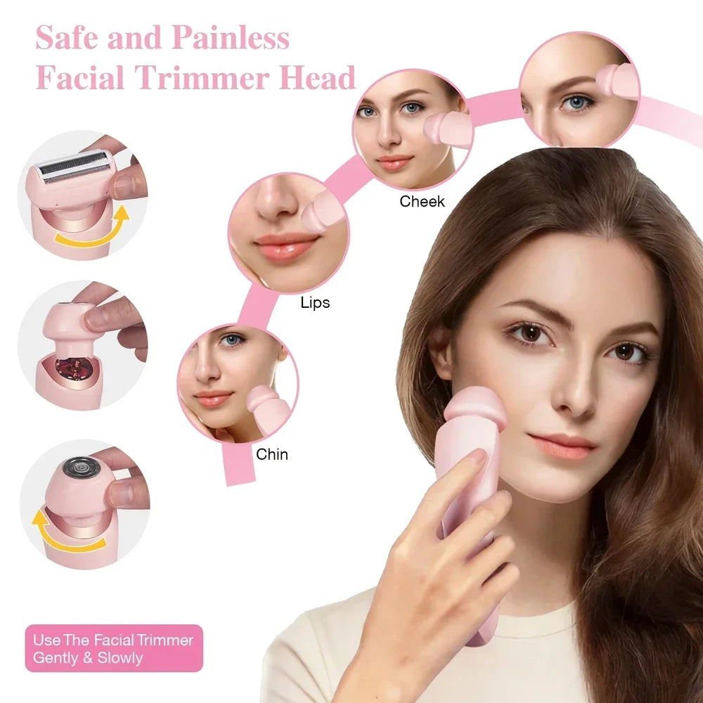 A woman is using a pink facial trimmer head on her cheek and lip area.