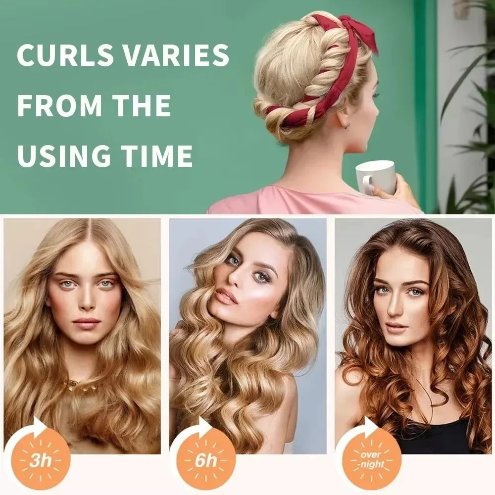Three models show different curl styles achieved using a heatless overnight curling headband.