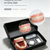 A black storage box containing a pink complete denture set, toothbrush, and removal hook for restoring teeth color.