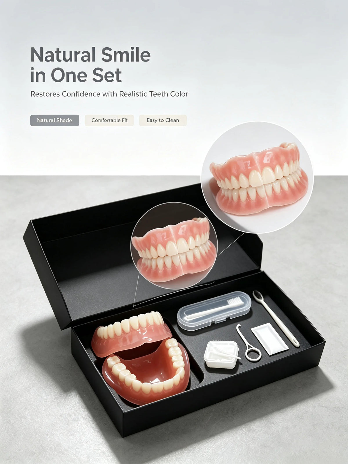 A black storage box containing a pink complete denture set, toothbrush, and removal hook for restoring teeth color.