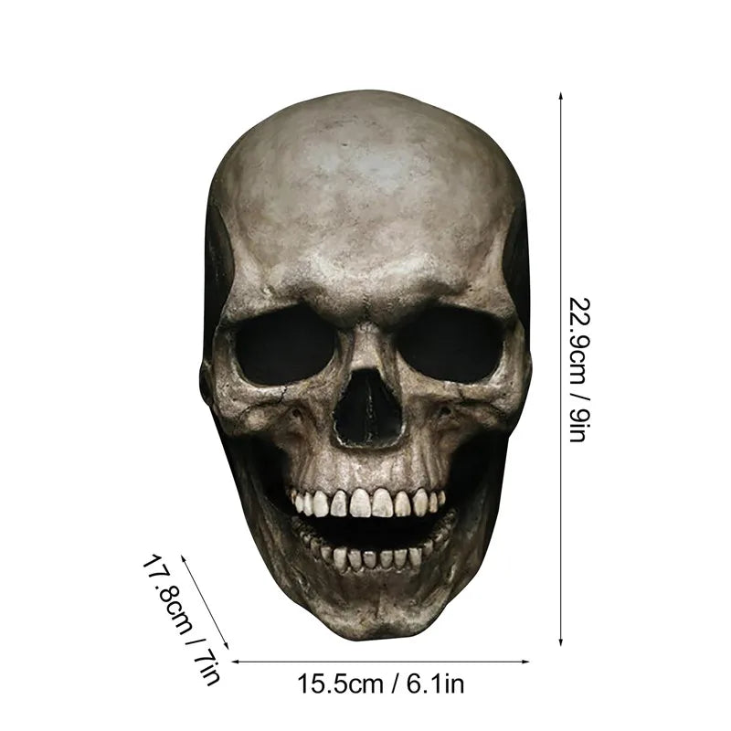 Máscara de calavera realista de cabeza completa con mandíbula móvil, vista lateral con dimensiones.