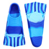 A pair of blue silicone swimming flippers shown from the top and bottom views.
