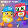 A bright yellow duck toy wearing a blue hat and a red owl toy with large eyes and musical notes.
