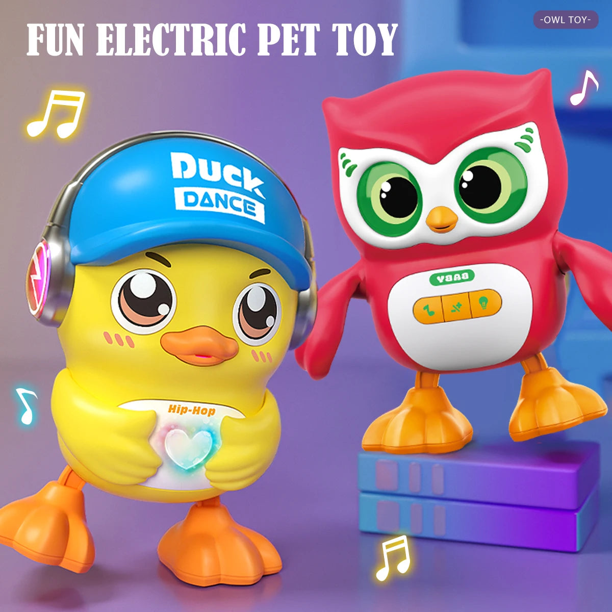 A bright yellow duck toy wearing a blue hat and a red owl toy with large eyes and musical notes.