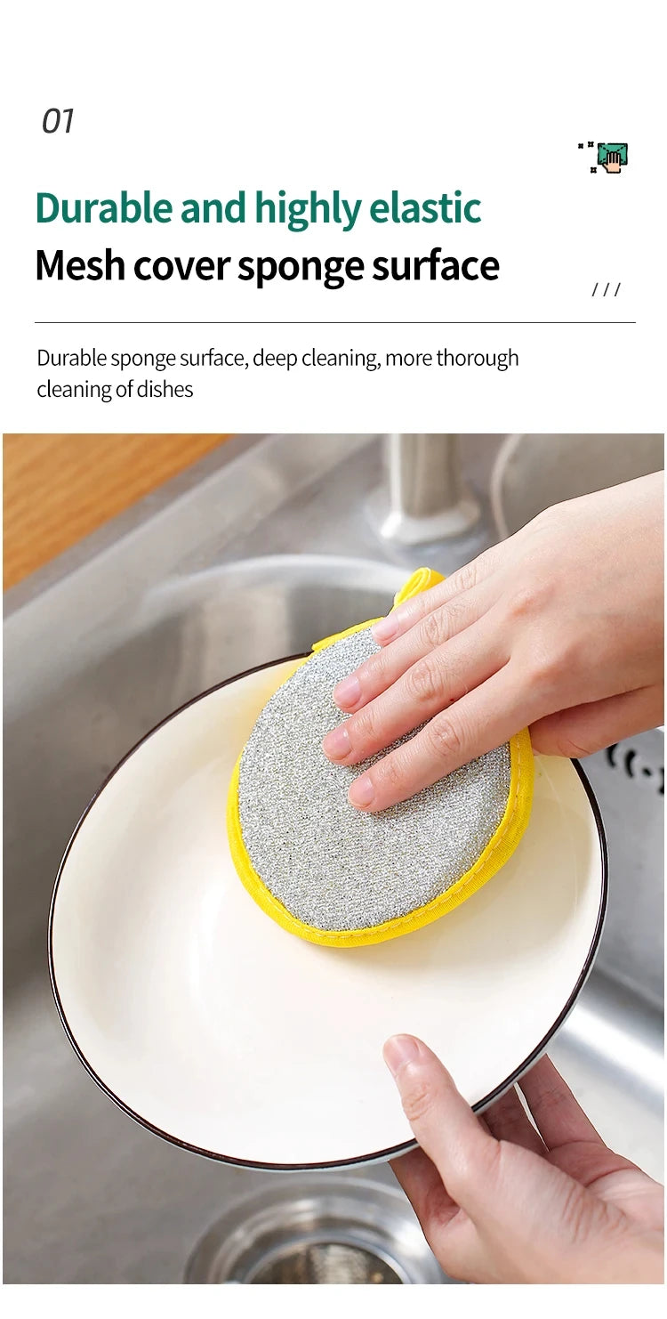 A hand is using a durable and highly elastic mesh cover sponge surface to clean a plate in a kitchen sink.
