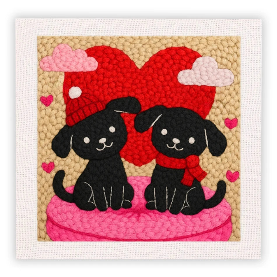 Kit de bordado con aguja mágica con diseños de gato negro y conejo sobre fondo de corazón rojo
