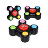 A set of four black memory match game tiles with colored buttons and a red Memory logo.