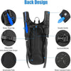Back design of a black hydration backpack showing features like water hose clip, double outlet, adjustable straps, breathable