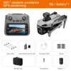 A foldable GPS drone with an 8K camera and FPV remote, shown alongside its accessories like a data cable, storage bag, and ba