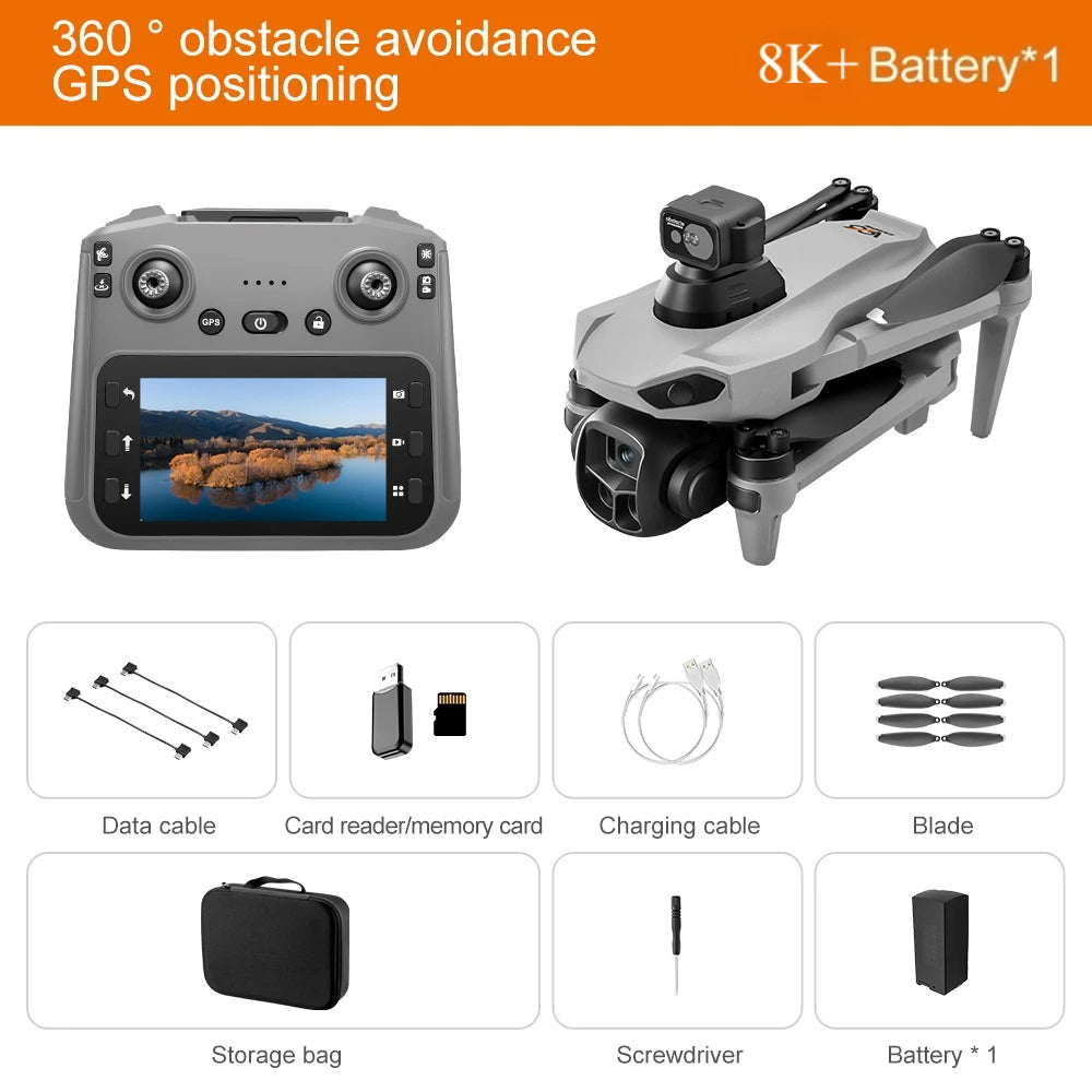 A foldable GPS drone with an 8K camera and FPV remote, shown alongside its accessories like a data cable, storage bag, and ba