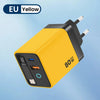 A yellow 80W USB-C fast charger with a black housing and retractable cable is shown against a light blue background.