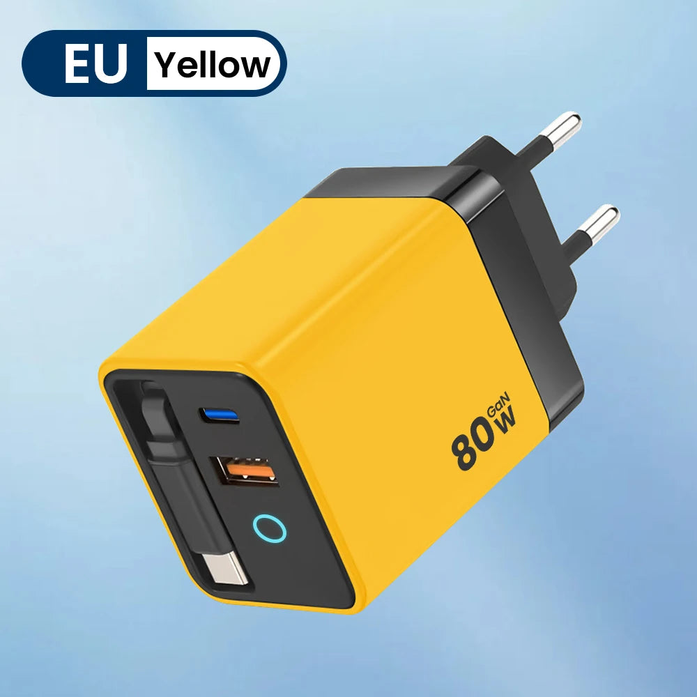 A yellow 80W USB-C fast charger with a black housing and retractable cable is shown against a light blue background.