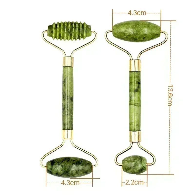 Set de rodillo de jade y gua sha con piedras verdes para masaje facial