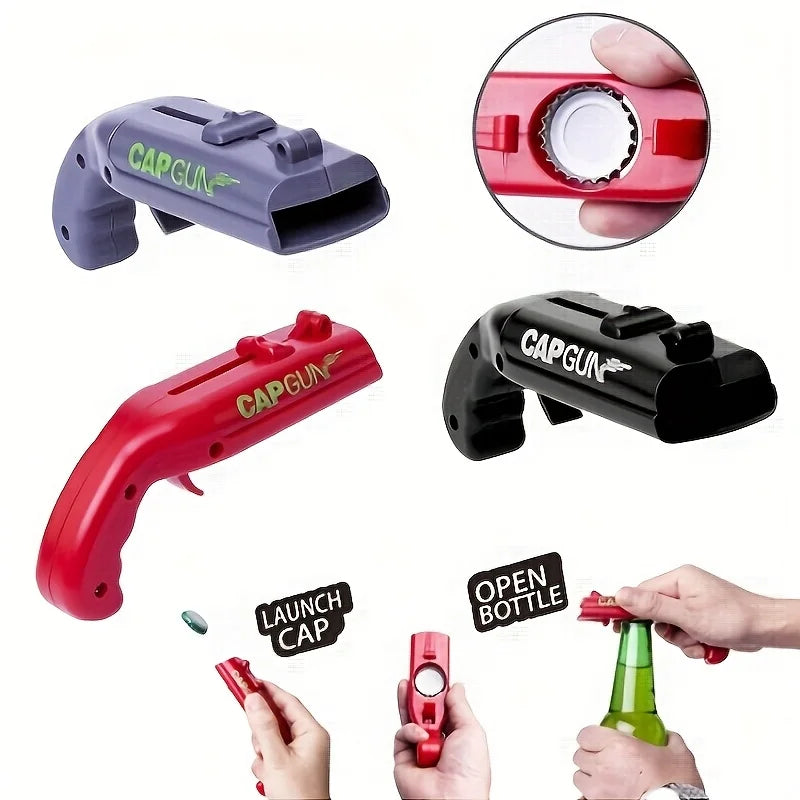 A red vintage cap gun style bottle opener and a black version are shown with a green bottle.