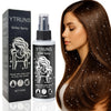 Mujer exhibe cabello largo y brillante con spray de glitter y empaque de producto