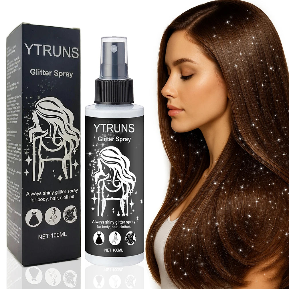 Mujer exhibe cabello largo y brillante con spray de glitter y empaque de producto