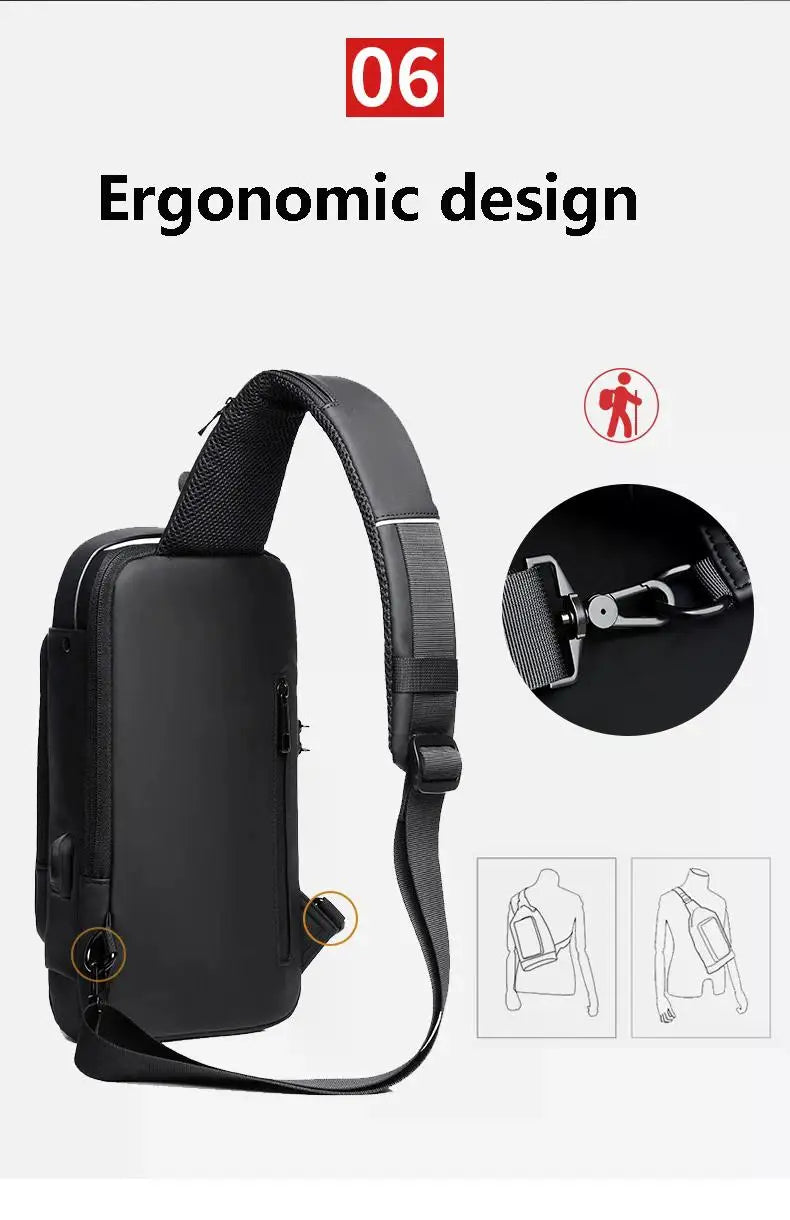 Bolso bandolera antibloqueo para hombre de color negro, con diseño ergonómico y detalles de la correa.
