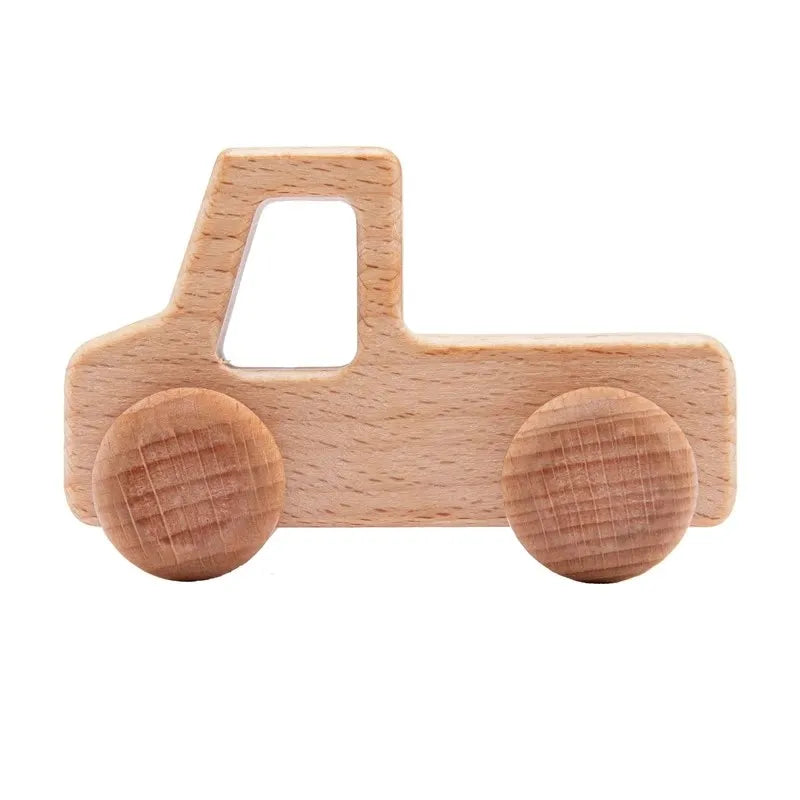A light wood hand-pushed cart toy for toddlers with a rectangular body and rounded wheels.