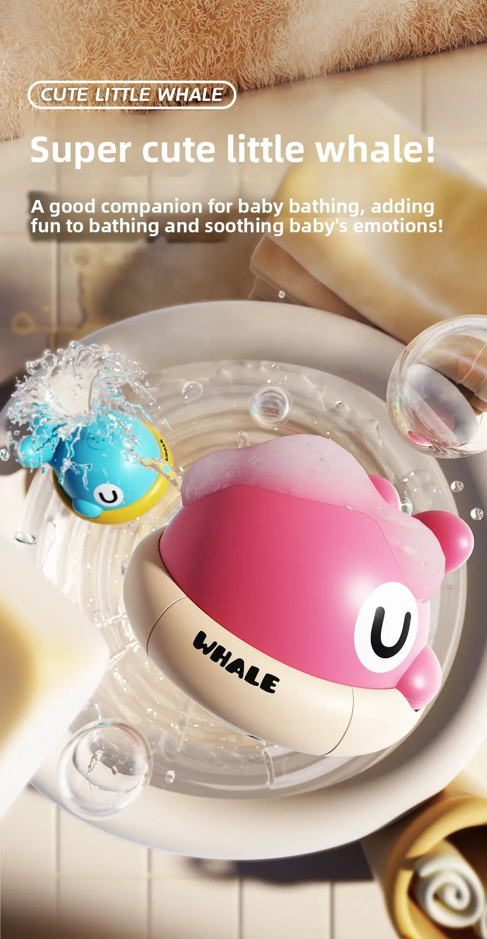 A pink and white musical light-up whale baby bath toy with a water spray is shown in use in a bathtub.