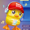 A yellow duck toy wearing a red hat, with light music notes floating around it.