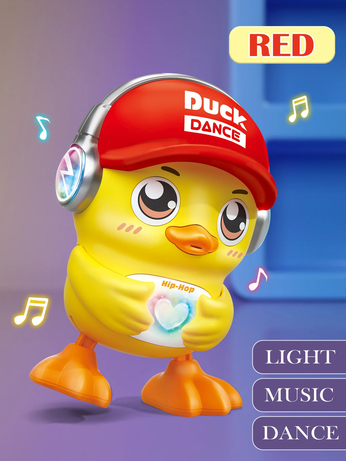 A yellow duck toy wearing a red hat, with light music notes floating around it.