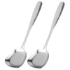 A pair of stainless steel serving spoons with long handles.