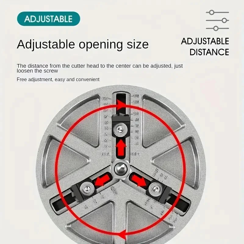 Close-up view of an adjustable opening size mechanism on a universal hole saw kit.