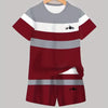 A maroon and gray colorblock short sleeve t-shirt and matching shorts set displayed on a hanger.