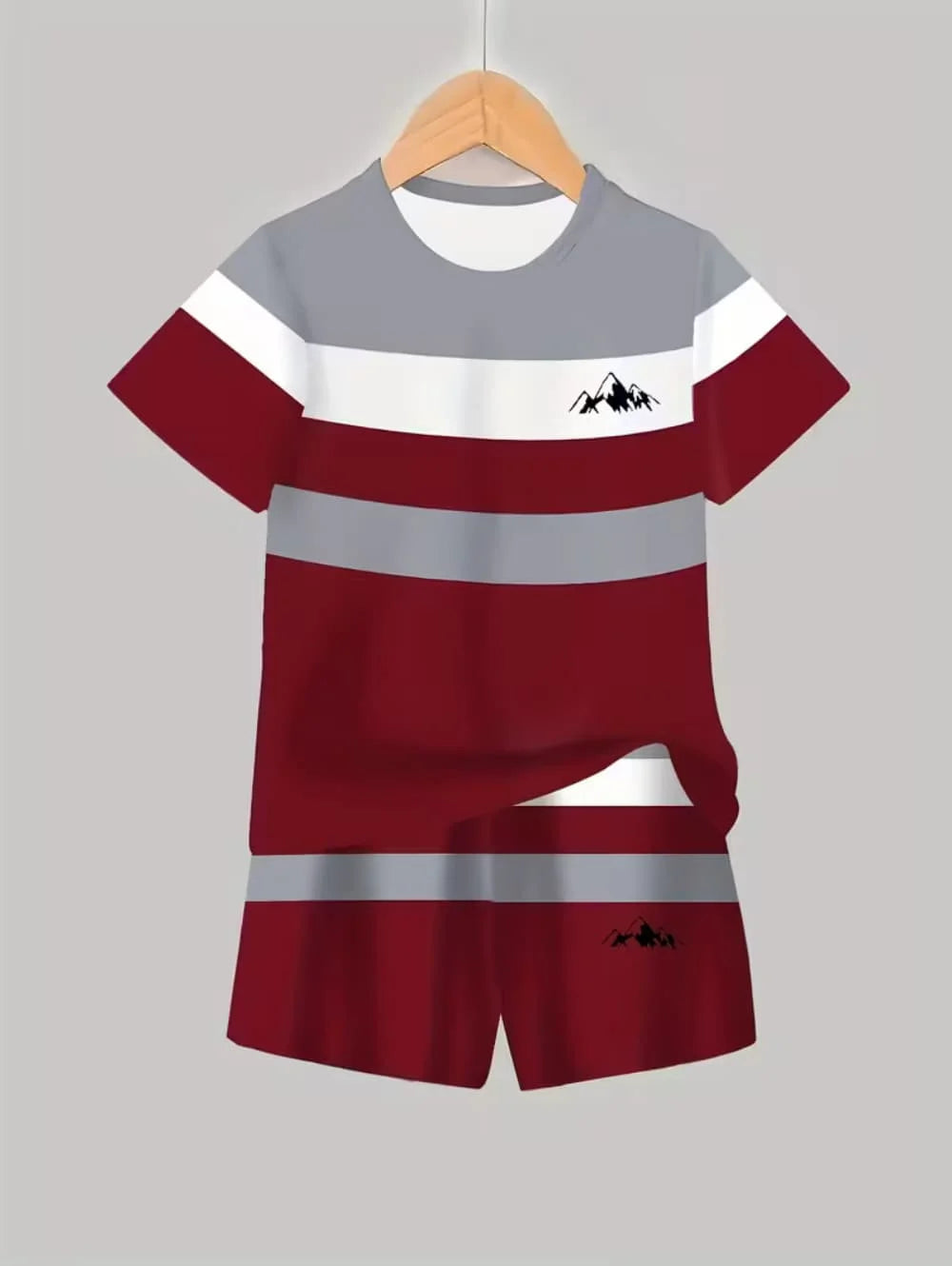 A maroon and gray colorblock short sleeve t-shirt and matching shorts set displayed on a hanger.