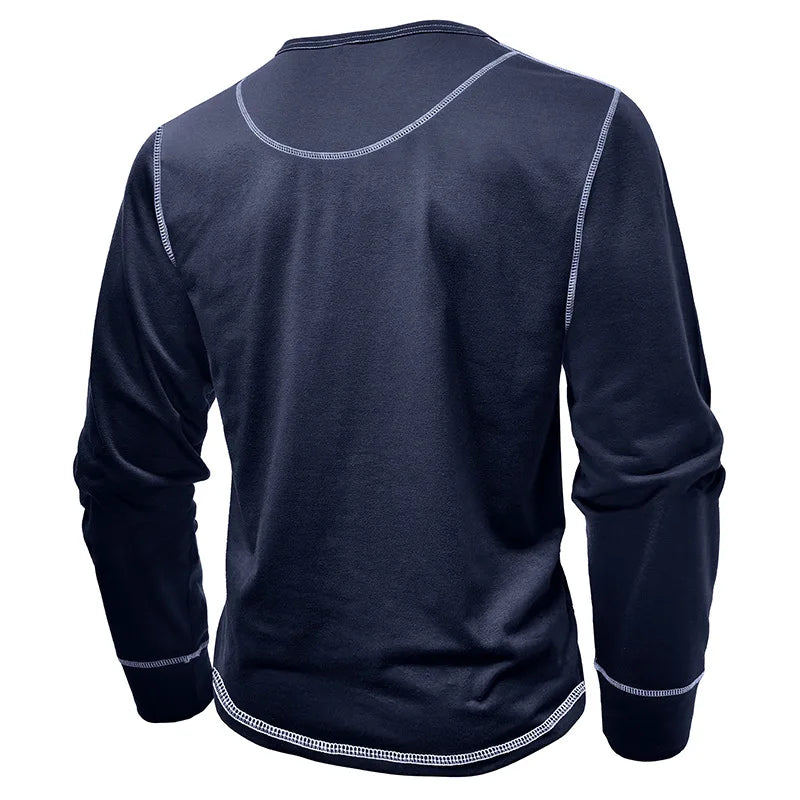 Back view of a navy blue men's vintage patchwork long sleeve t-shirt.