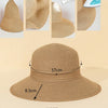 A beige straw sun hat shown in various angles, including a close-up of the texture and measurements.