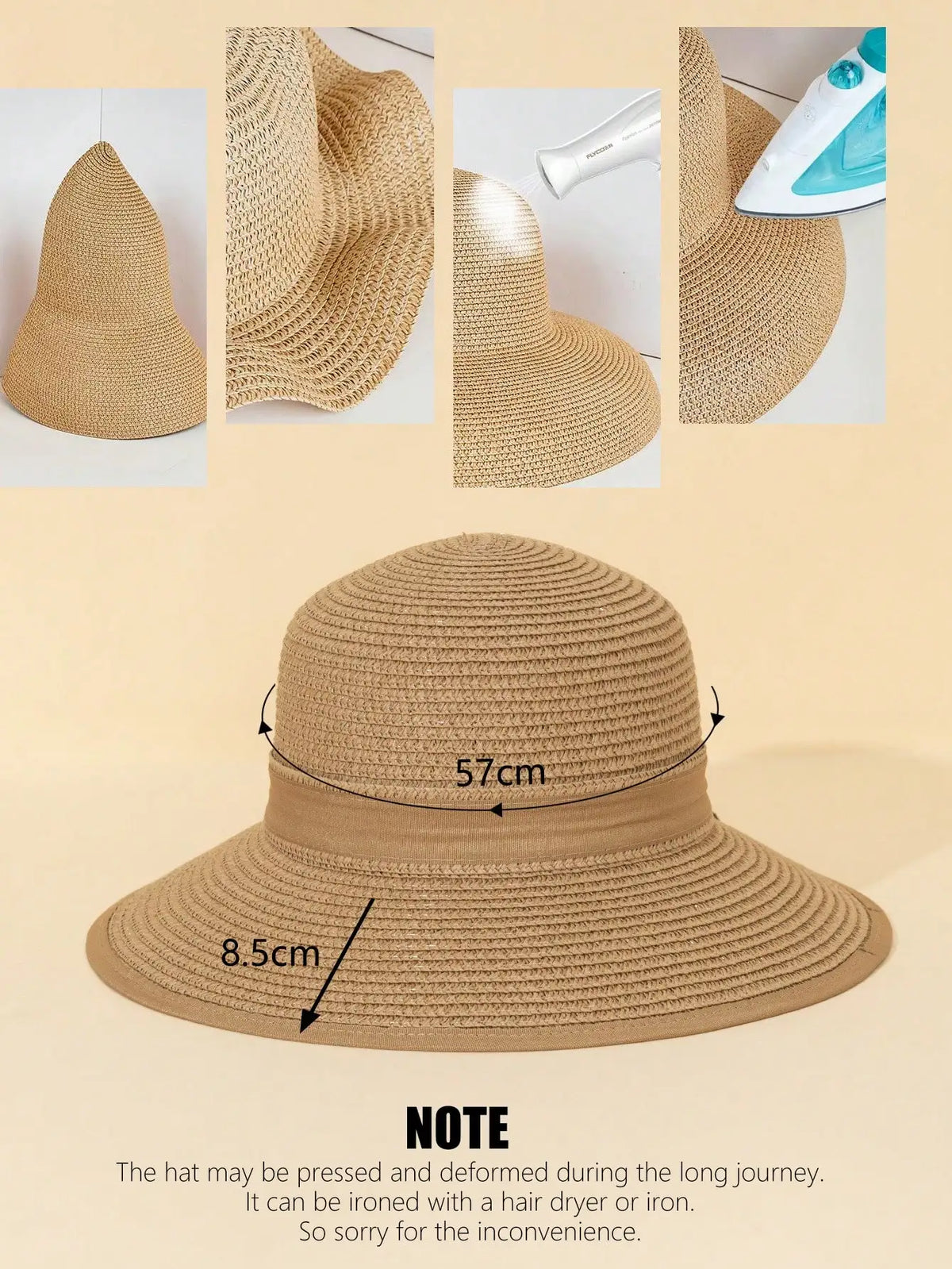 A beige straw sun hat shown in various angles, including a close-up of the texture and measurements.