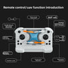 A white mini pocket drone is shown with various control functions indicated on the surface.